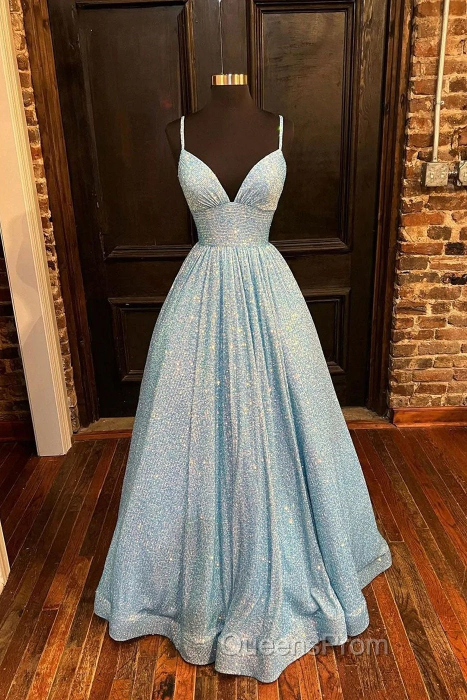 Simple Blue V Neck Sequin Long Evening Prom Dress,A Line Blue Evening Dress