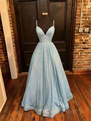 Simple Blue V Neck Sequin Long Evening Prom Dress,A Line Blue Evening Dress