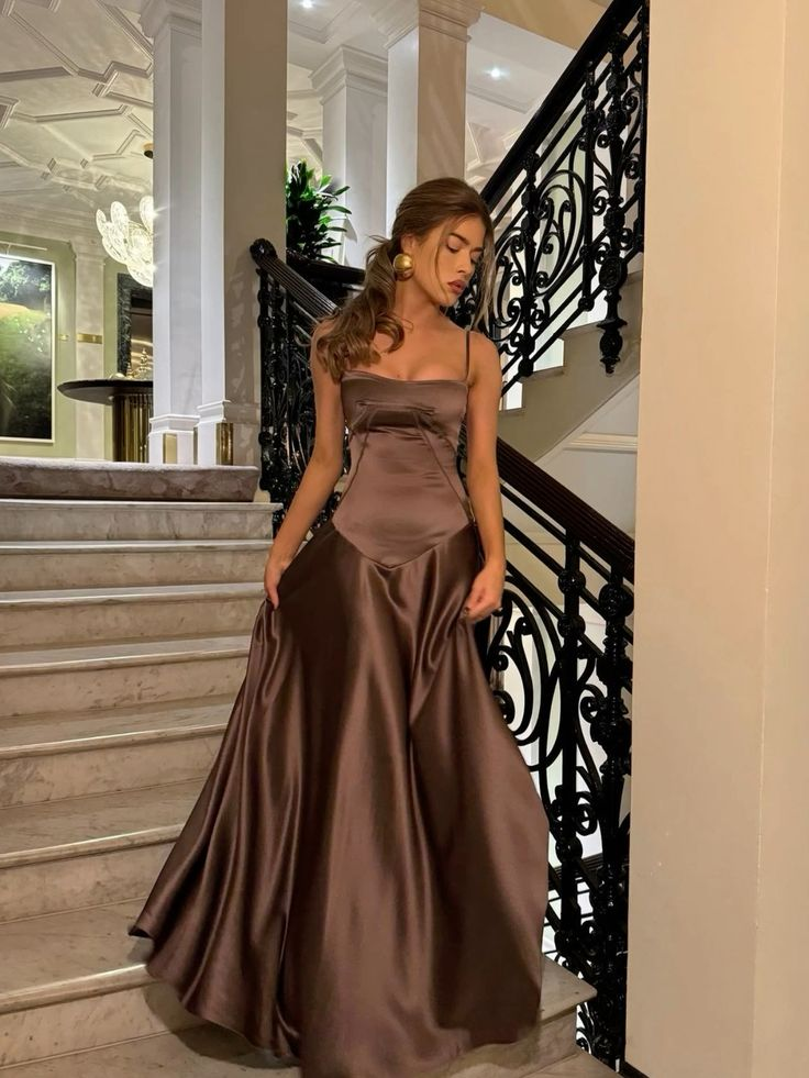 Simple Brown Spaghetti Straps A Line Classy Prom Dress Party Dress
