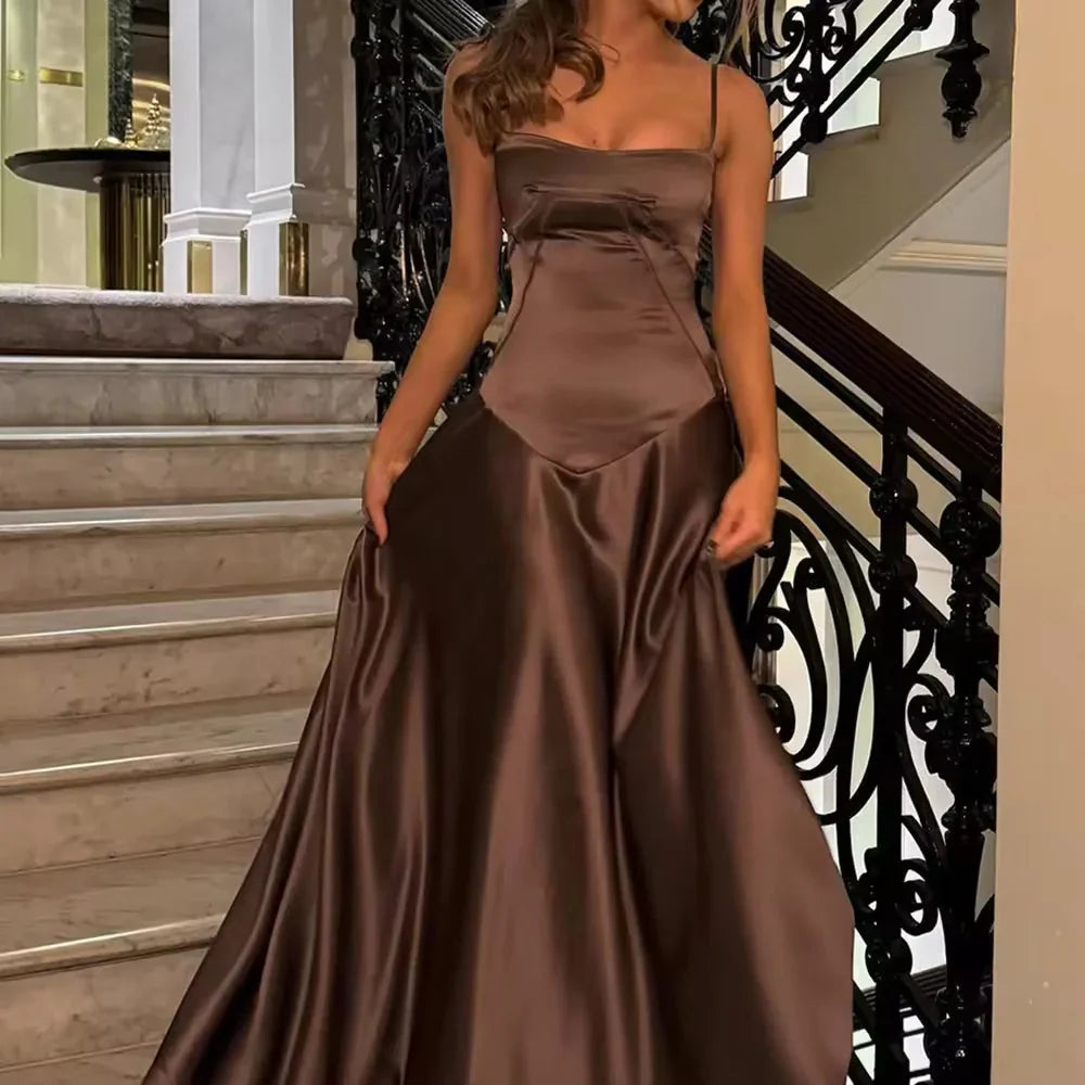 Simple Brown Spaghetti Straps A Line Classy Prom Dress Party Dress
