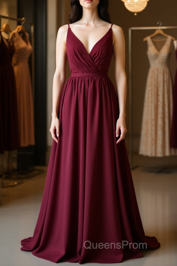 Simple burgundy chiffon lace long Evening Prom Dress, burgundy evening Dress Main image