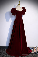 Simple Burgundy Long Velvet Prom Dress with Short Sleeves