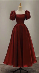 Simple Burgundy Prom Dress Square Neck Tea Length Graduation Dresses