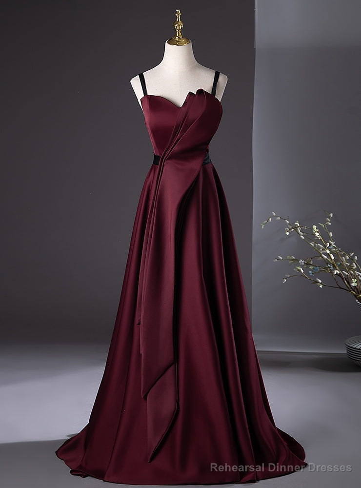 Simple Burgundy Satin Spaghetti Straps Pleats Prom Dress Main image