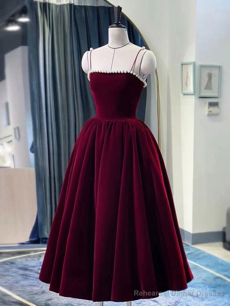 Simple burgundy tea length prom dress, burgundy homecoming dress Main image