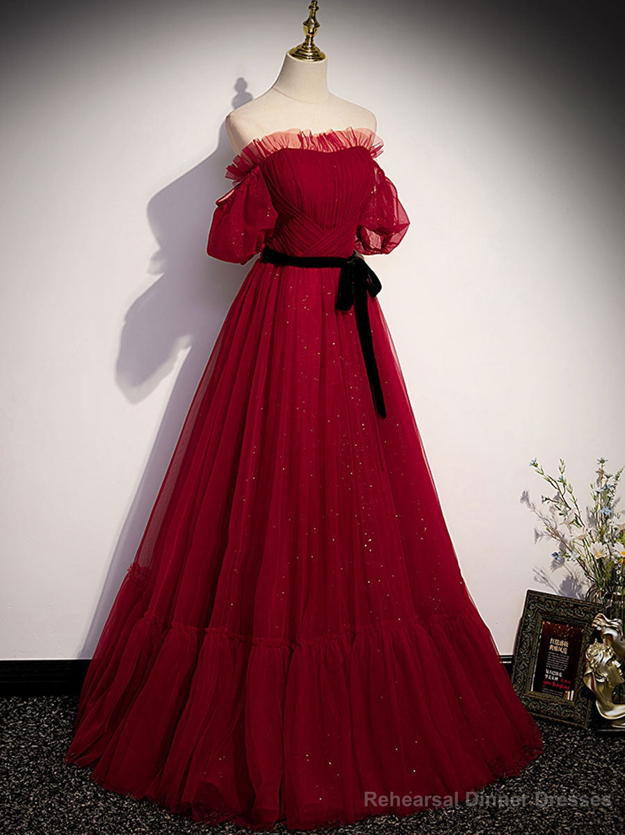 Simple Burgundy Tulle Long Prom Dress, A line Burgundy Evening Dresses Secondary image