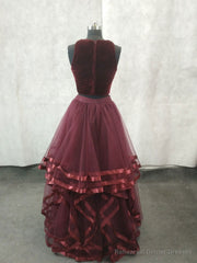 Simple Burgundy Two Pieces Tulle Long Prom Dress, Burgundy Evening Dress