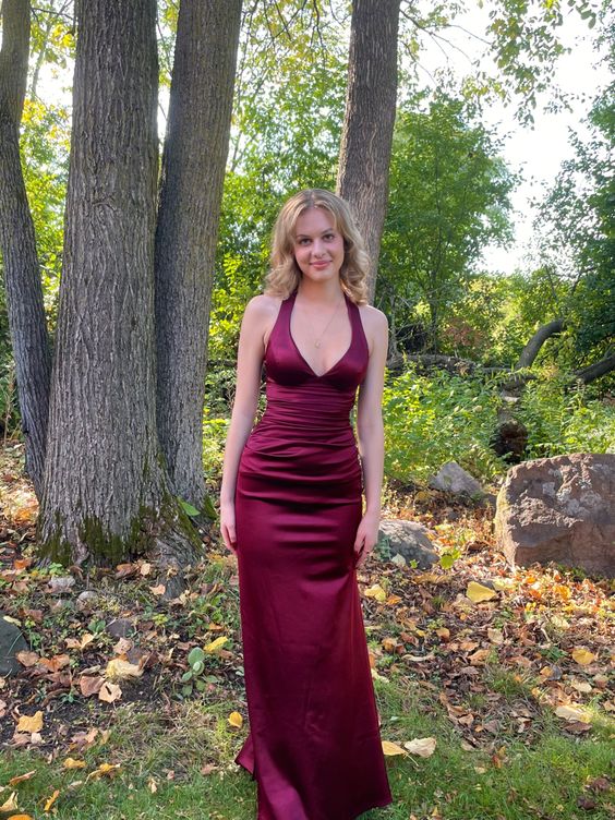 Simple Burgundy V Neck Long Party Dress Classy Prom Dress