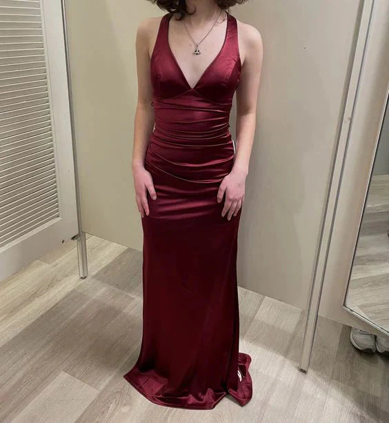 Simple Burgundy V Neck Long Party Dress Classy Prom Dress