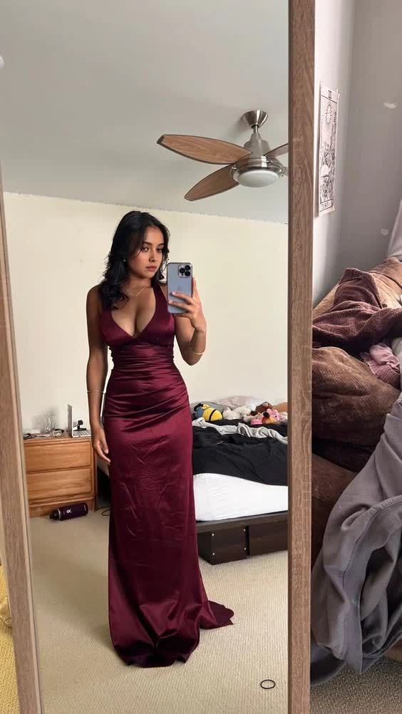 Simple Burgundy V Neck Long Party Dress Classy Prom Dress