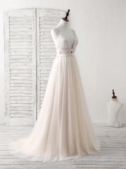 Simple Champagne Tulle Long Prom Dress Tulle Evening Dress