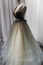Simple Coffee tulle sequin long Evening Prom Dress coffee evening Dress