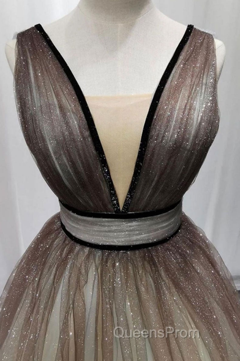 Simple Coffee tulle sequin long Evening Prom Dress coffee evening Dress