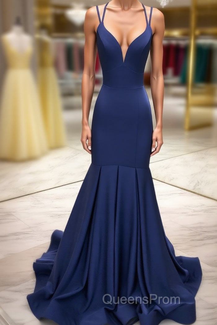 Simple dark blue satin long Evening Prom Dress blue evening Dress Main image