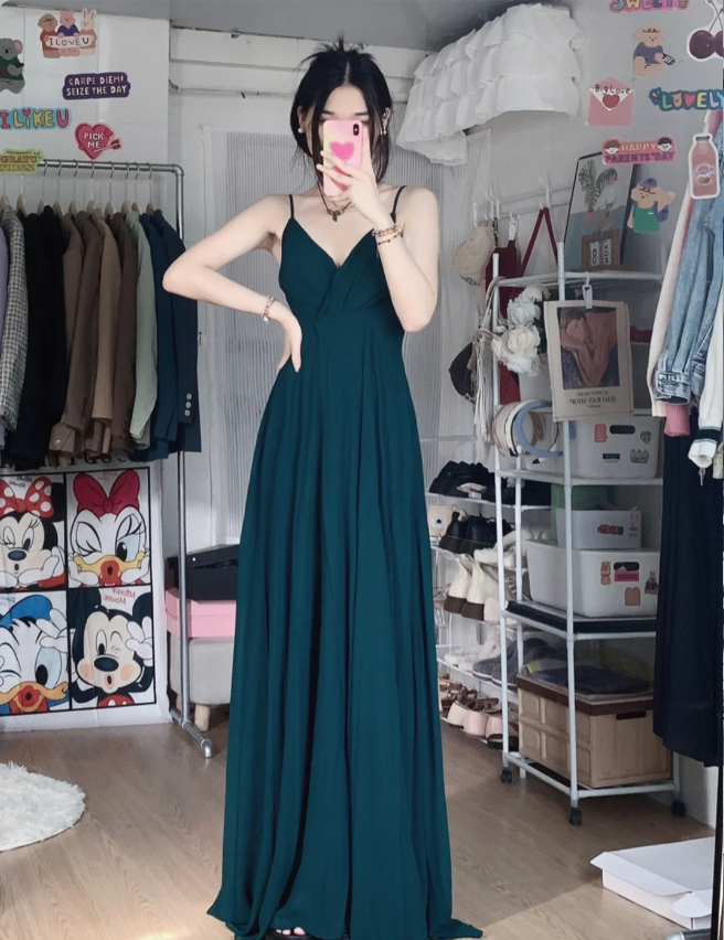 Simple Dark Green A-Line V-Neck Halter Chiffon Long Classy Prom Dress Bridesmaid Dress