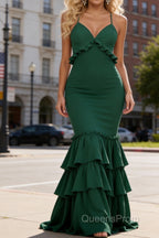 Simple Dark Green Prom Dress A-Line V-Neck Sleeveless Prom Dresses Spaghetti Straps