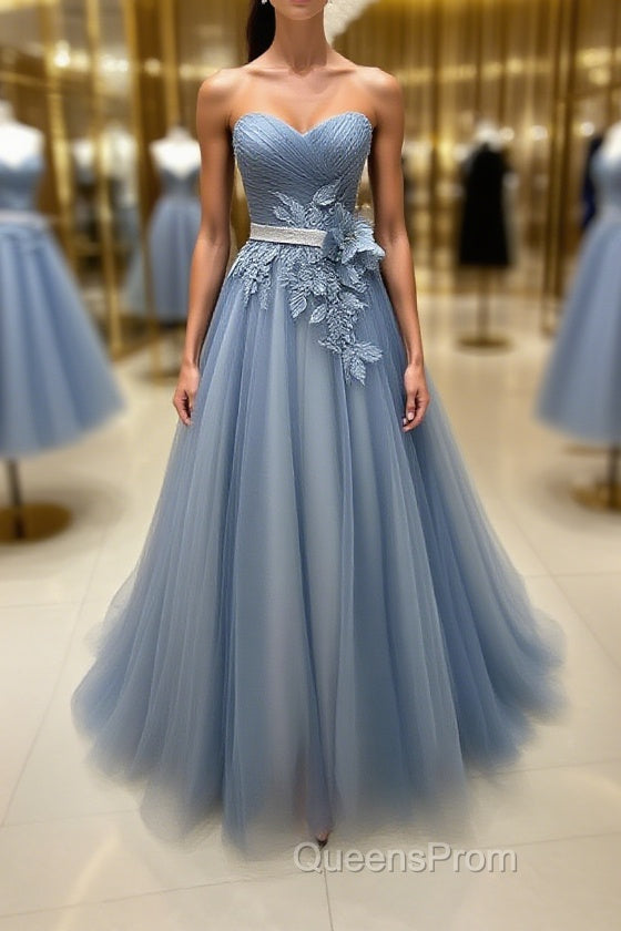 Simple gray blue tulle lace applique long Evening Prom Dress, tulle evening Dress Main image
