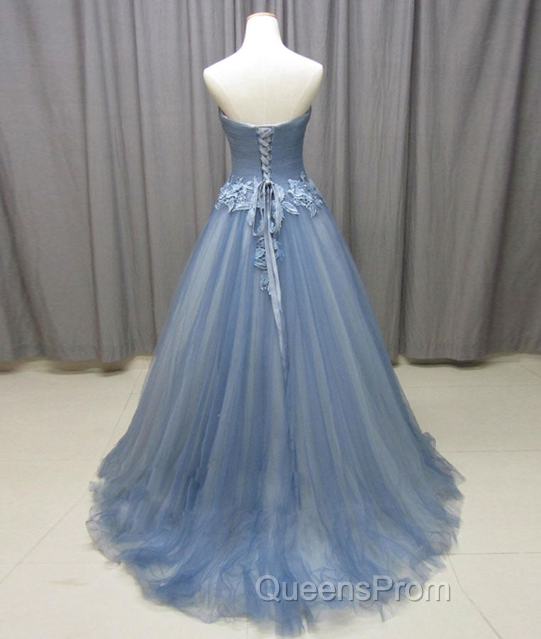 Simple gray blue tulle lace applique long Evening Prom Dress, tulle evening Dress Secondary image