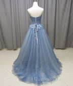 Simple gray blue tulle lace applique long Evening Prom Dress, tulle evening Dress