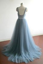 Simple gray blue tulle long Evening Prom Dress, evening Dress