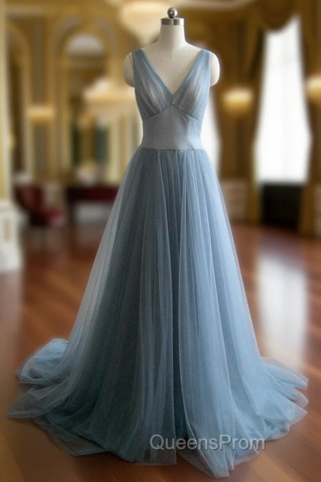 Simple gray blue tulle long Evening Prom Dress, evening Dress Main image