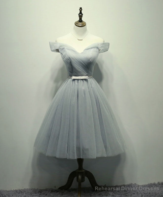 Simple Gray Tulle Short Prom Dress, Gray Tulle Bridesmaid Dress Main image