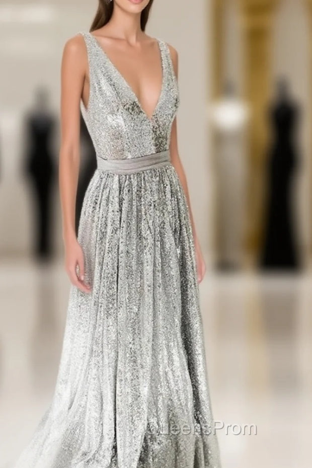 Simple Gray V Neck Sequin Long Evening Prom Dress Gray Evening Dress Main image