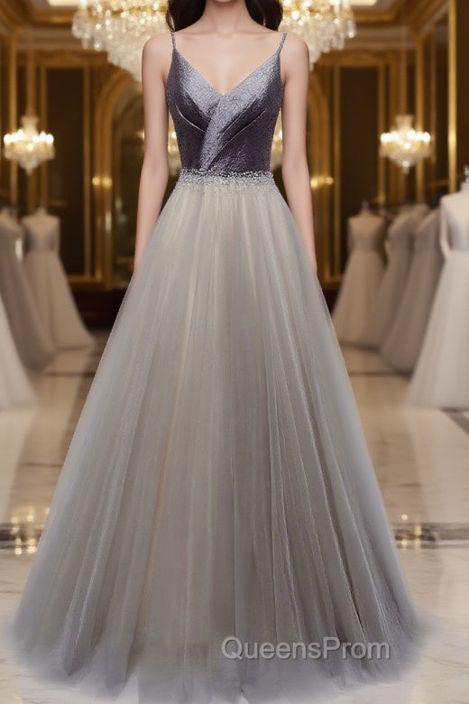 Simple gray v neck tulle long Evening Prom Dress, gray tulle formal Dress Main image