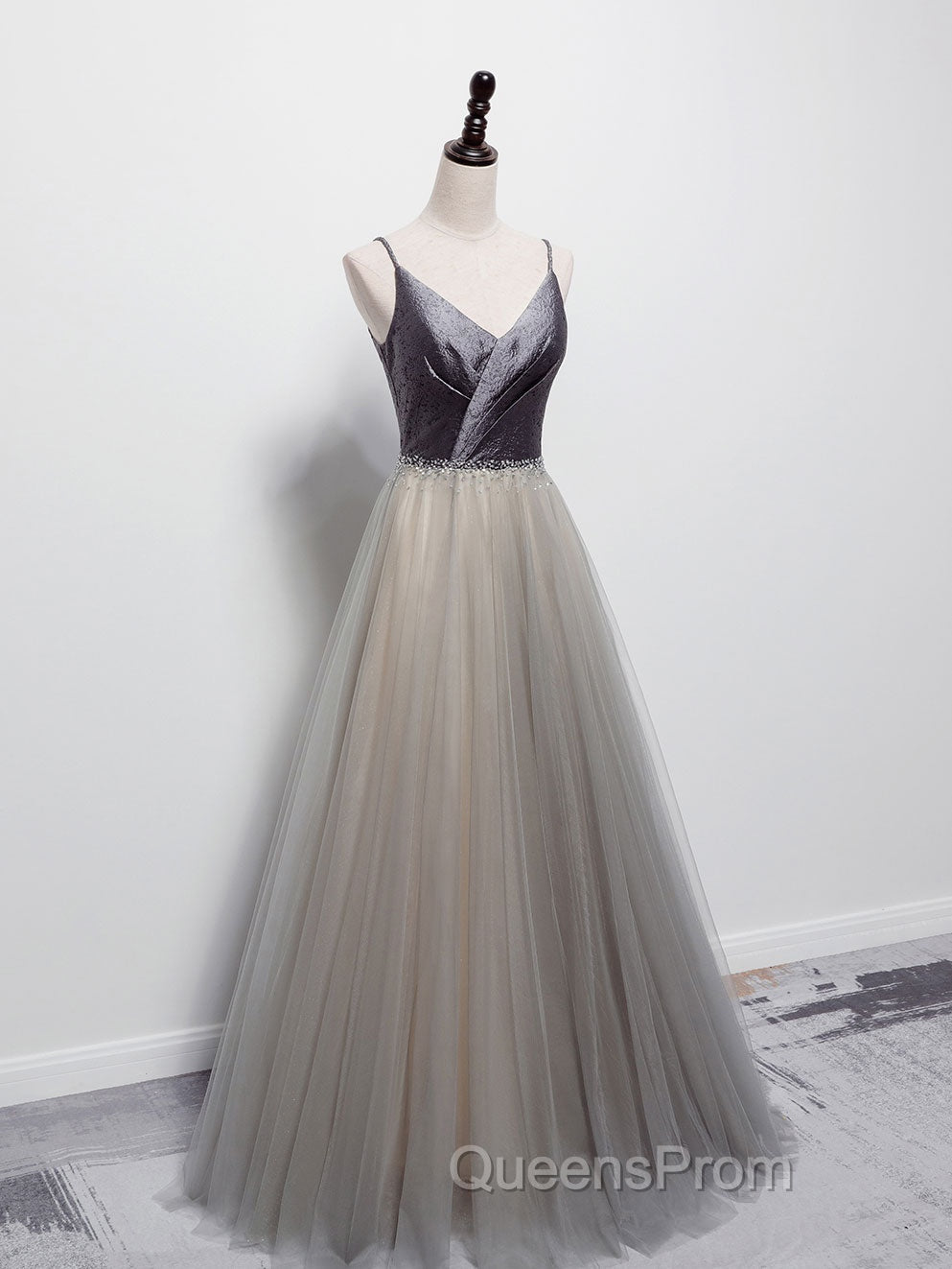Simple gray v neck tulle long Evening Prom Dress, gray tulle formal Dress Secondary image