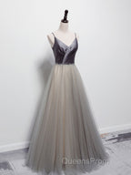 Simple gray v neck tulle long Evening Prom Dress, gray tulle formal Dress