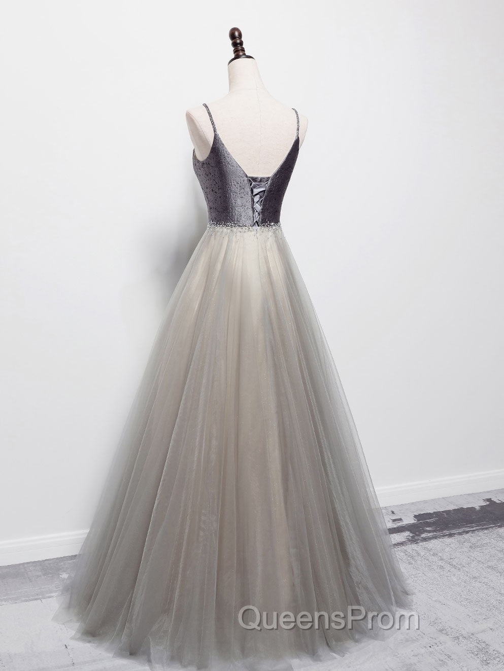 Simple gray v neck tulle long Evening Prom Dress, gray tulle formal Dress