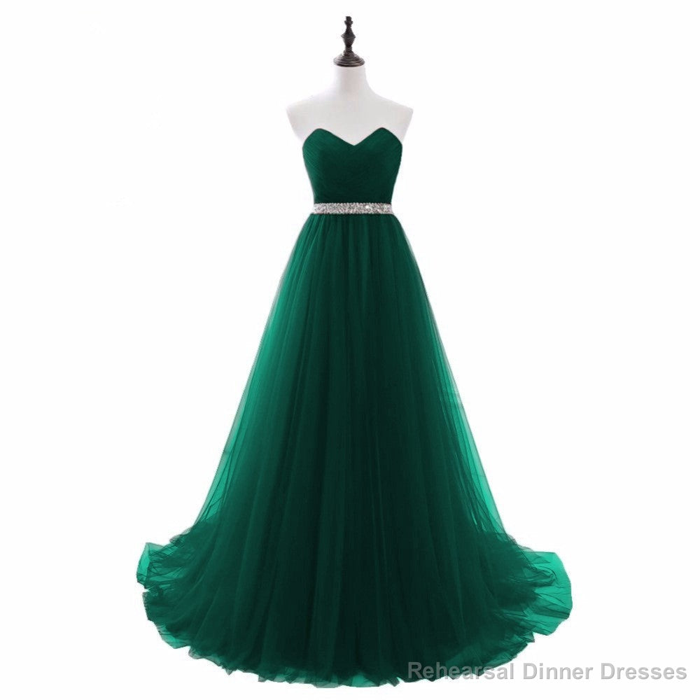 Simple Green Beaded Waist Tulle A-line Floor Length Party Dress, Green Formal Dress Main image