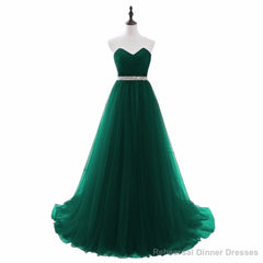 Simple Green Beaded Waist Tulle A-line Floor Length Party Dress, Green Formal Dress