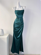 Simple Green Mermaid Pleated Crisscross Sash Slit Satin Long Classy Prom Dress Bridesmaid Dress