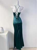 Simple Green Mermaid Pleated Crisscross Sash Slit Satin Long Classy Prom Dress Bridesmaid Dress