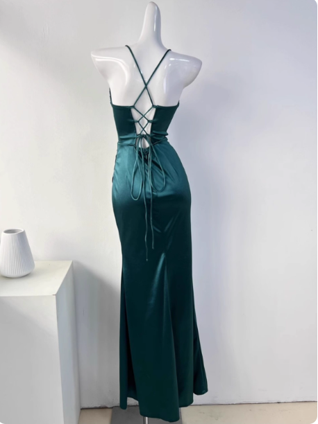 Simple Green Mermaid Pleated Crisscross Sash Slit Satin Long Classy Prom Dress Bridesmaid Dress