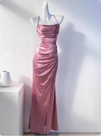 Simple Green Mermaid Pleated Crisscross Sash Slit Satin Long Classy Prom Dress Bridesmaid Dress