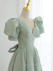 Simple Green V Neck Satin Short Evening Prom Dress, Green Evening Dress