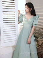 Simple Green V Neck Satin Short Evening Prom Dress, Green Evening Dress