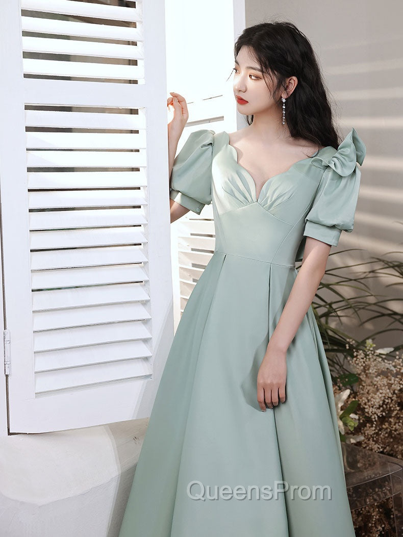 Simple Green V Neck Satin Short Evening Prom Dress, Green Evening Dress