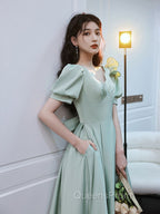 Simple Green V Neck Satin Short Evening Prom Dress, Green Evening Dress
