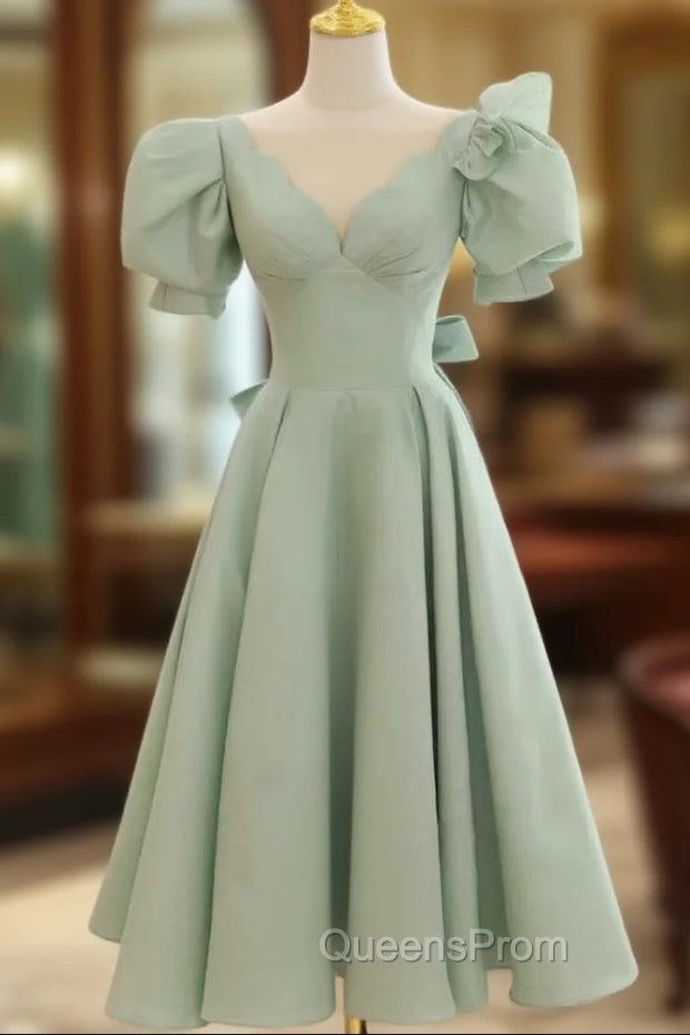 Simple Green V Neck Satin Short Evening Prom Dress, Green Evening Dress Main image