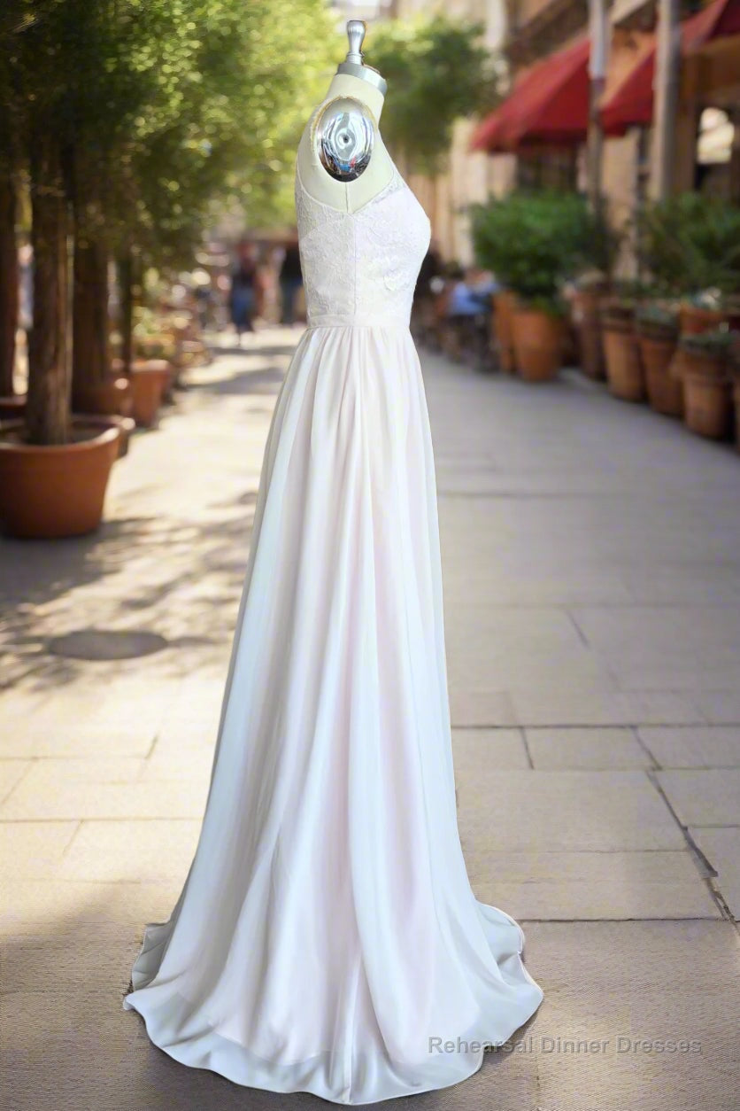 Simple Halter Lace Long Bridesmaid Dresses with Split Secondary image