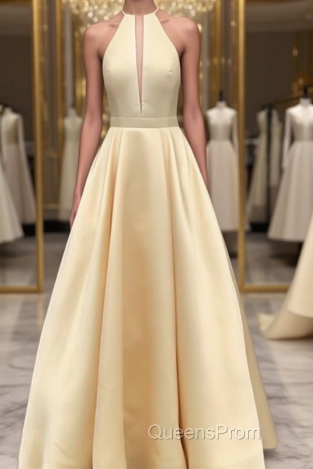 Simple Halter Yellow Satin Long Evening Prom Dress 2019, Yellow Formal Dress Long Evening Dress Main image