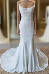 Simple Italian Noodle Strap Satin Mermaid Modern Floor Mopping Wedding Dress