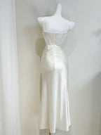 Simple Ivory Mermaid Square Neck Strapless Pleated Satin Classy Prom Dress Bridesmaid Dress