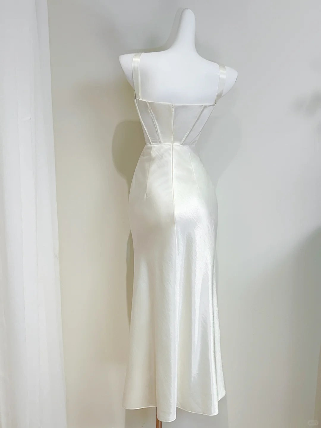 Simple Ivory Mermaid Square Neck Strapless Pleated Satin Classy Prom Dress Bridesmaid Dress