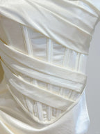 Simple Ivory Mermaid Square Neck Strapless Pleated Satin Classy Prom Dress Bridesmaid Dress