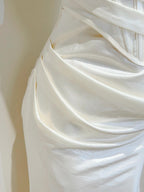 Simple Ivory Mermaid Square Neck Strapless Pleated Satin Classy Prom Dress Bridesmaid Dress