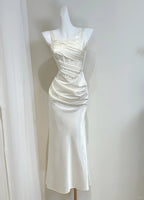 Simple Ivory Mermaid Square Neck Strapless Pleated Satin Classy Prom Dress Bridesmaid Dress